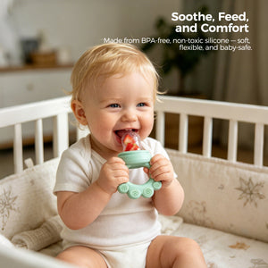 A baby sits in a crib, holding and chewing on the NubiTeethe™ Multi-Flow Teether Bottle with a strawberry inside. Text highlights its BPA-free, non-toxic, and baby-safe qualities.