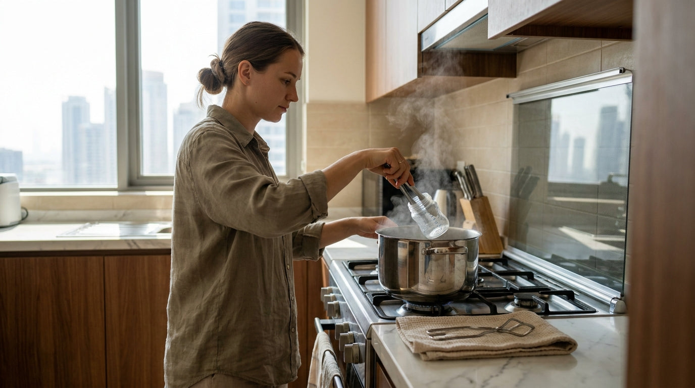 Mother sterilizing glass baby bottles in boiling water on a Dubai kitchen stove without a sterilizer