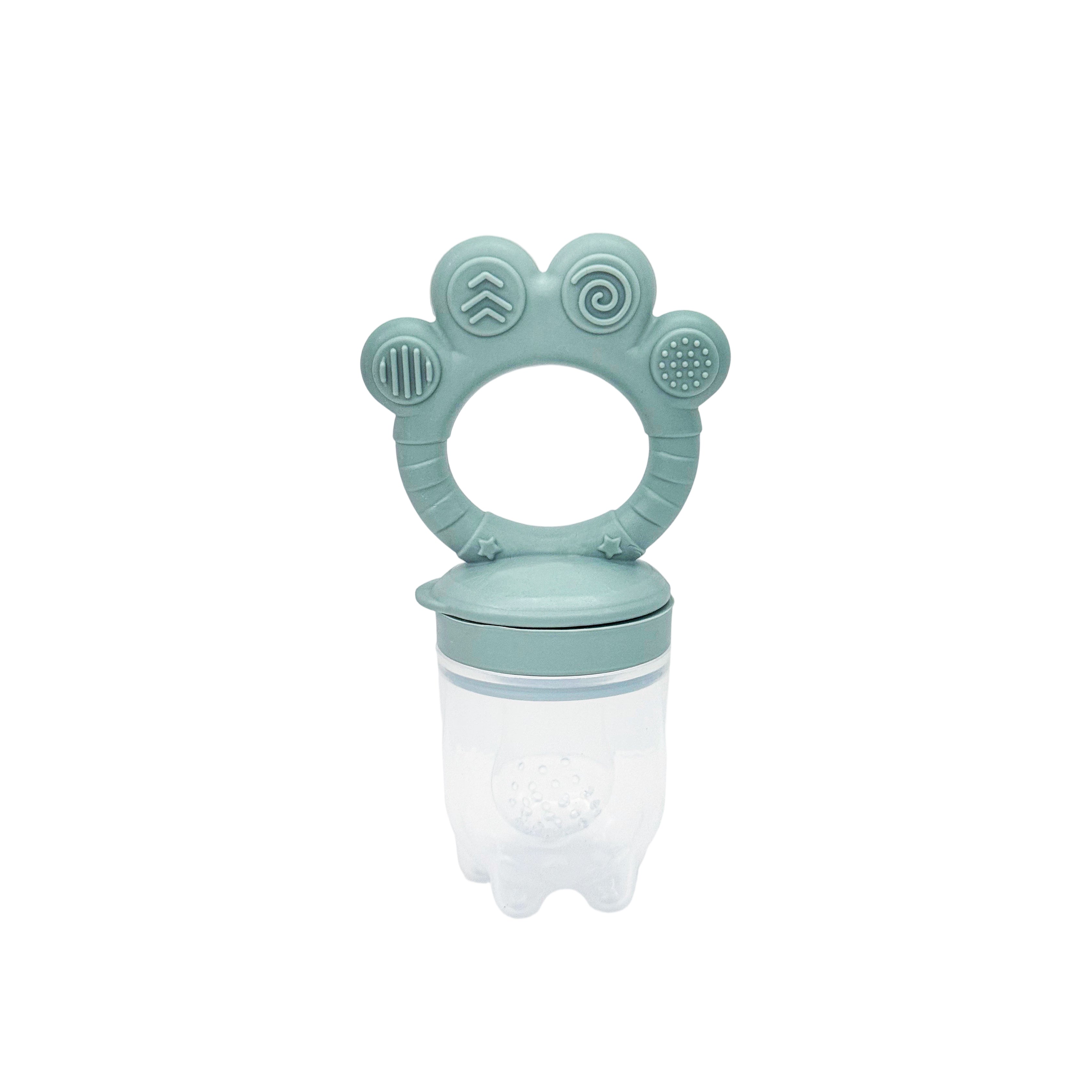 The NubiTeethe™ Multi-Flow Teether Bottle features a teal silicone handle, textured teether ring, and clear container for safe self-feeding.