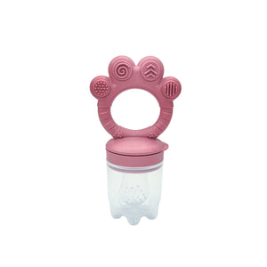 The NubiTeethe™ Multi-Flow Teether Bottle is a pink, transparent, food-grade silicone feeder with a paw-shaped handle and textured top—ideal as a teething bottle or baby teether.