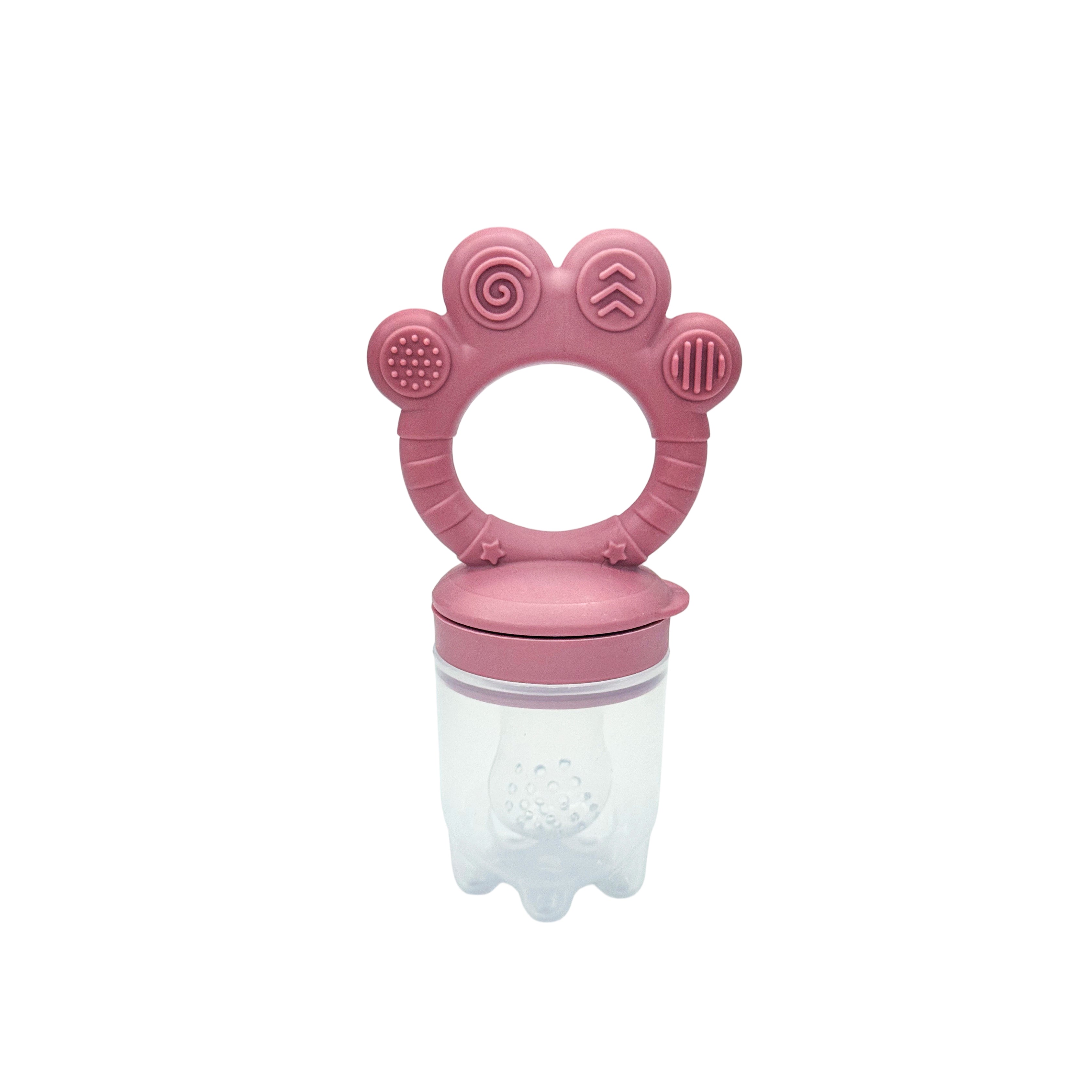 The NubiTeethe™ Multi-Flow Teether Bottle is a pink, transparent, food-grade silicone feeder with a paw-shaped handle and textured top—ideal as a teething bottle or baby teether.