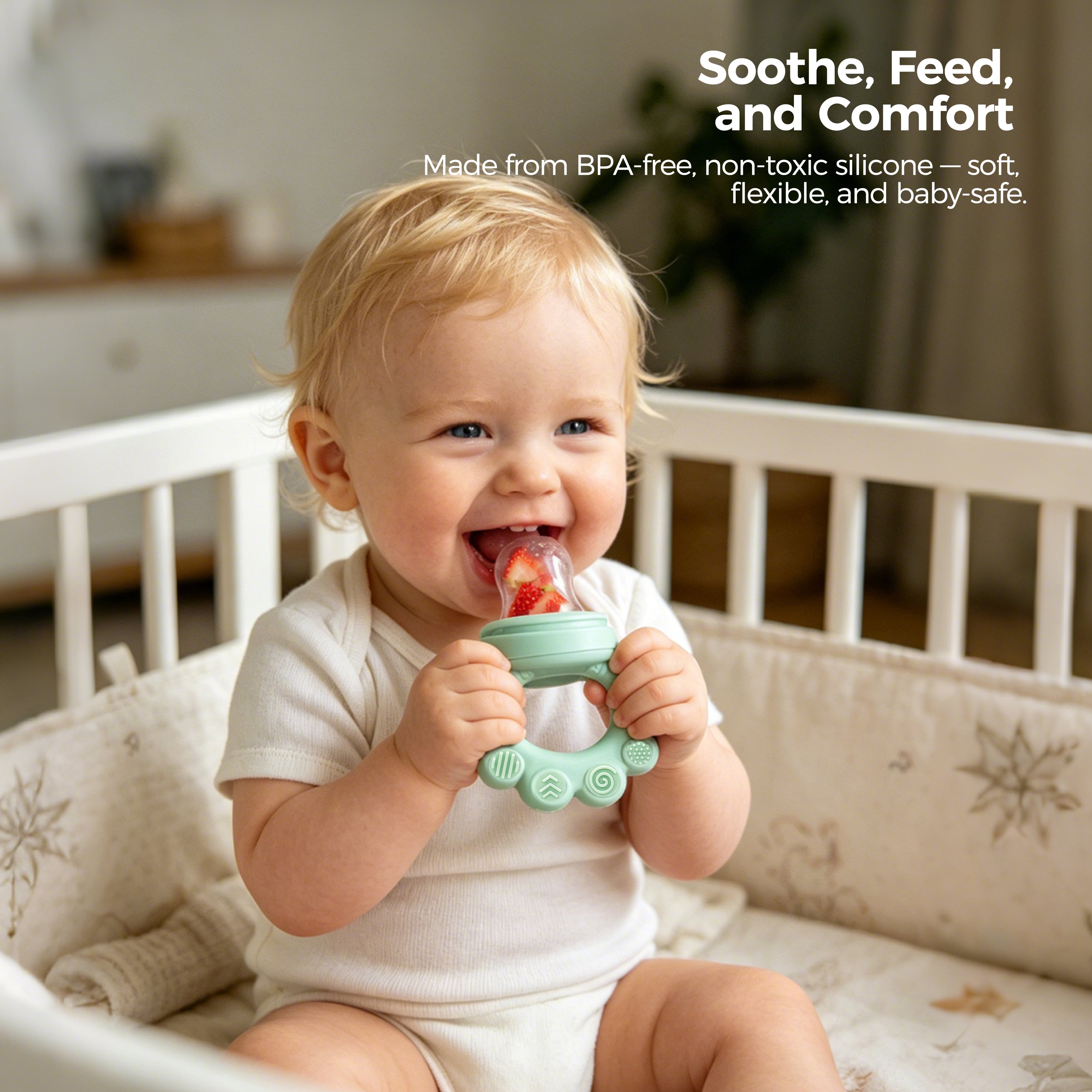 A baby sits in a crib, holding and chewing on the NubiTeethe™ Multi-Flow Teether Bottle with a strawberry inside. Text highlights its BPA-free, non-toxic, and baby-safe qualities.