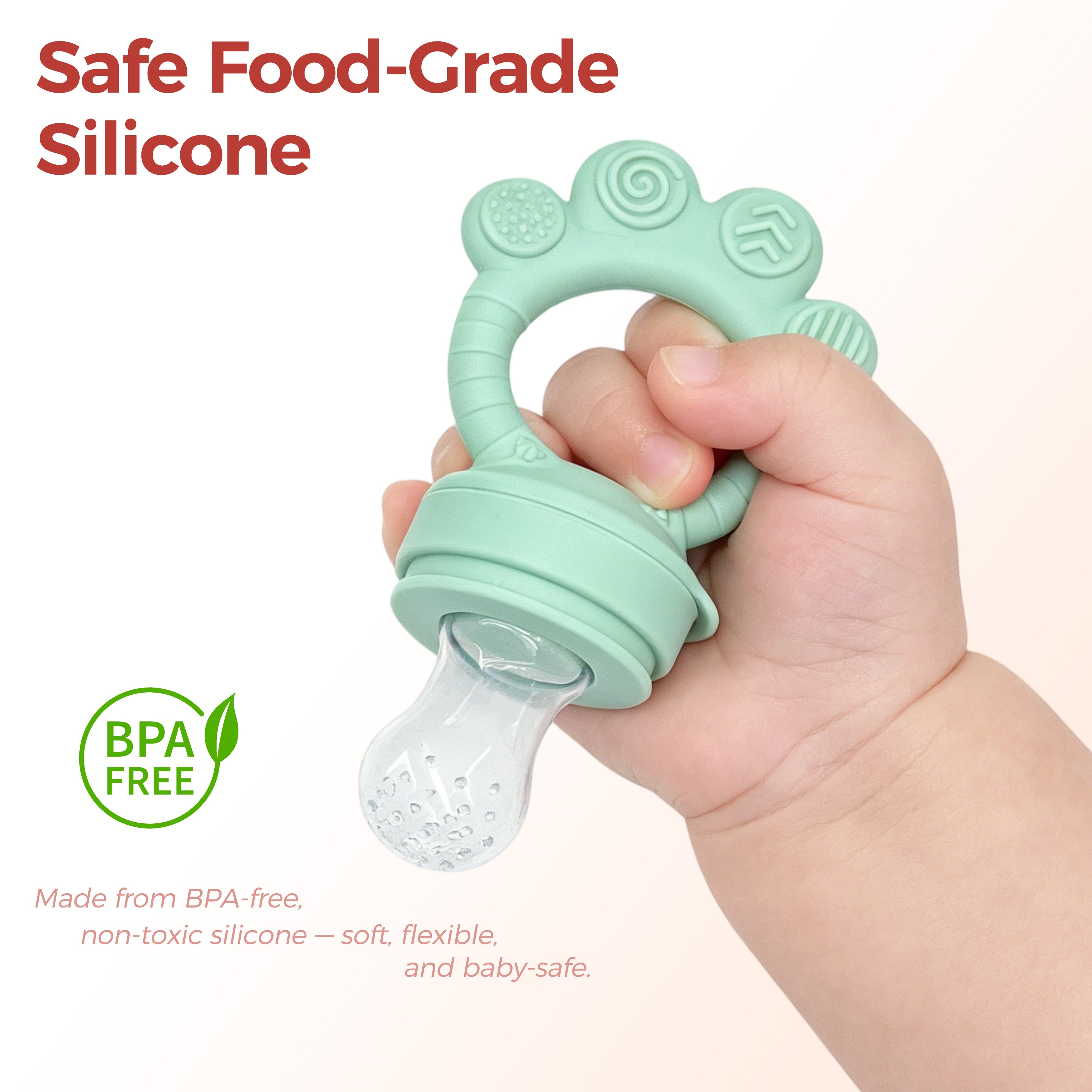 A baby’s hand holds the NubiTeethe™ Multi-Flow Teether Bottle, made from BPA-free, food-grade silicone—perfect as a safe baby teether to soothe little gums.