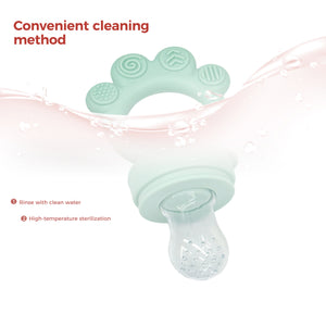 The NubiTeethe™ Multi-Flow Teether Bottle, made from food-grade silicone, is shown submerged in water with instructions to rinse with clean water and use high-temperature sterilization for thorough cleaning.