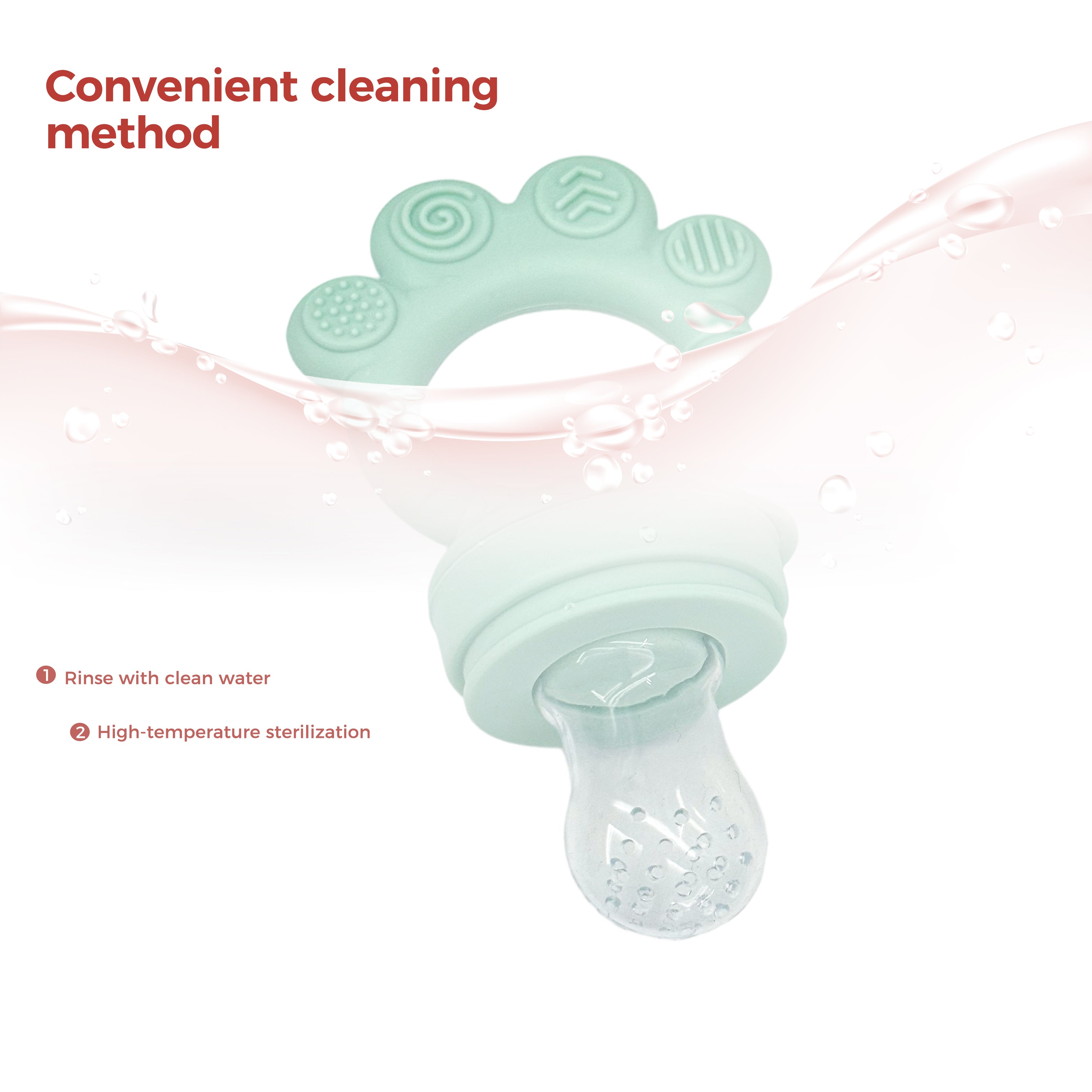 The NubiTeethe™ Multi-Flow Teether Bottle, made from food-grade silicone, is shown submerged in water with instructions to rinse with clean water and use high-temperature sterilization for thorough cleaning.